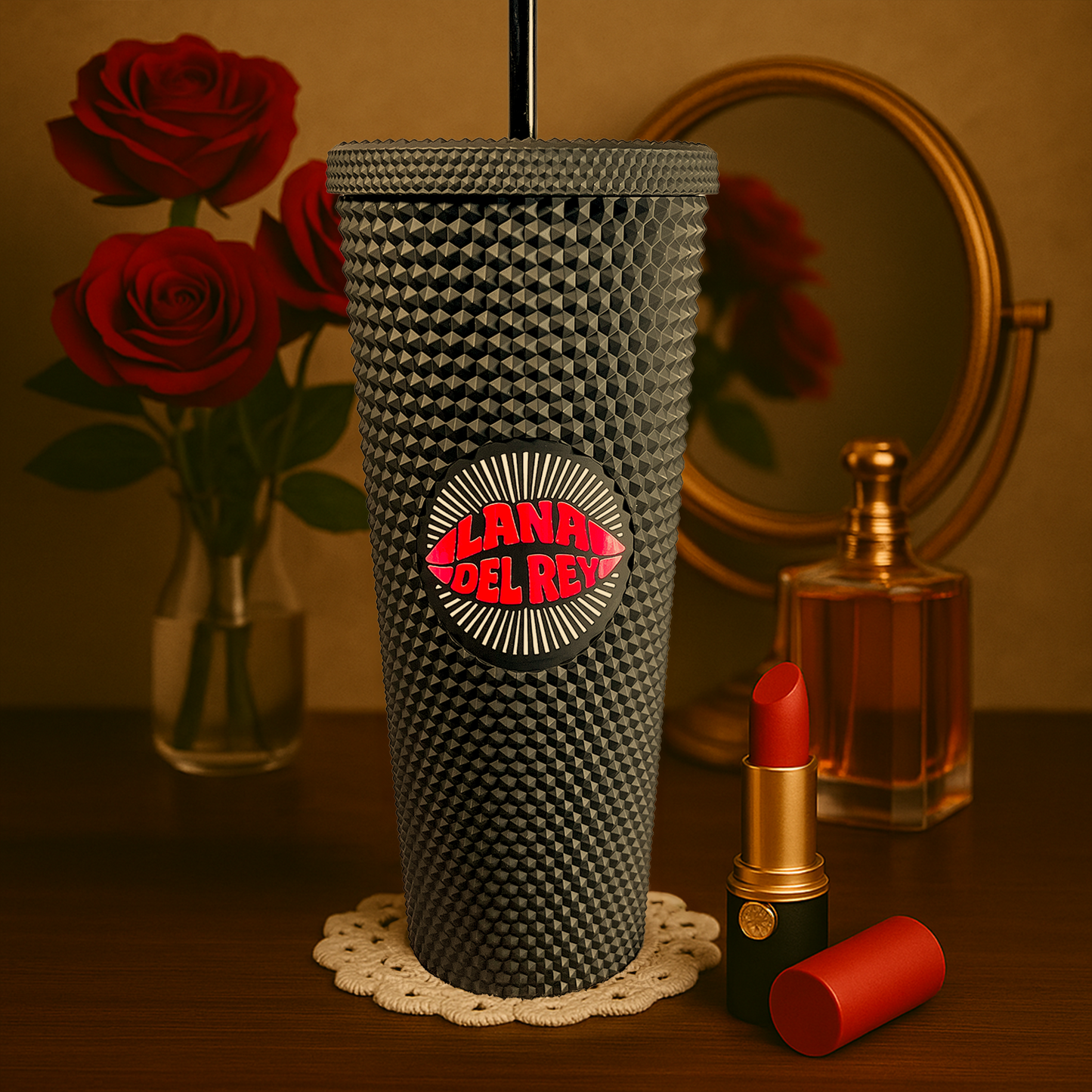 Black Studded Lana Del Rey Kiss Tumbler (24 oz.)
